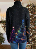 Women's festive turtleneck sweater with colourful Christmas trees and stars