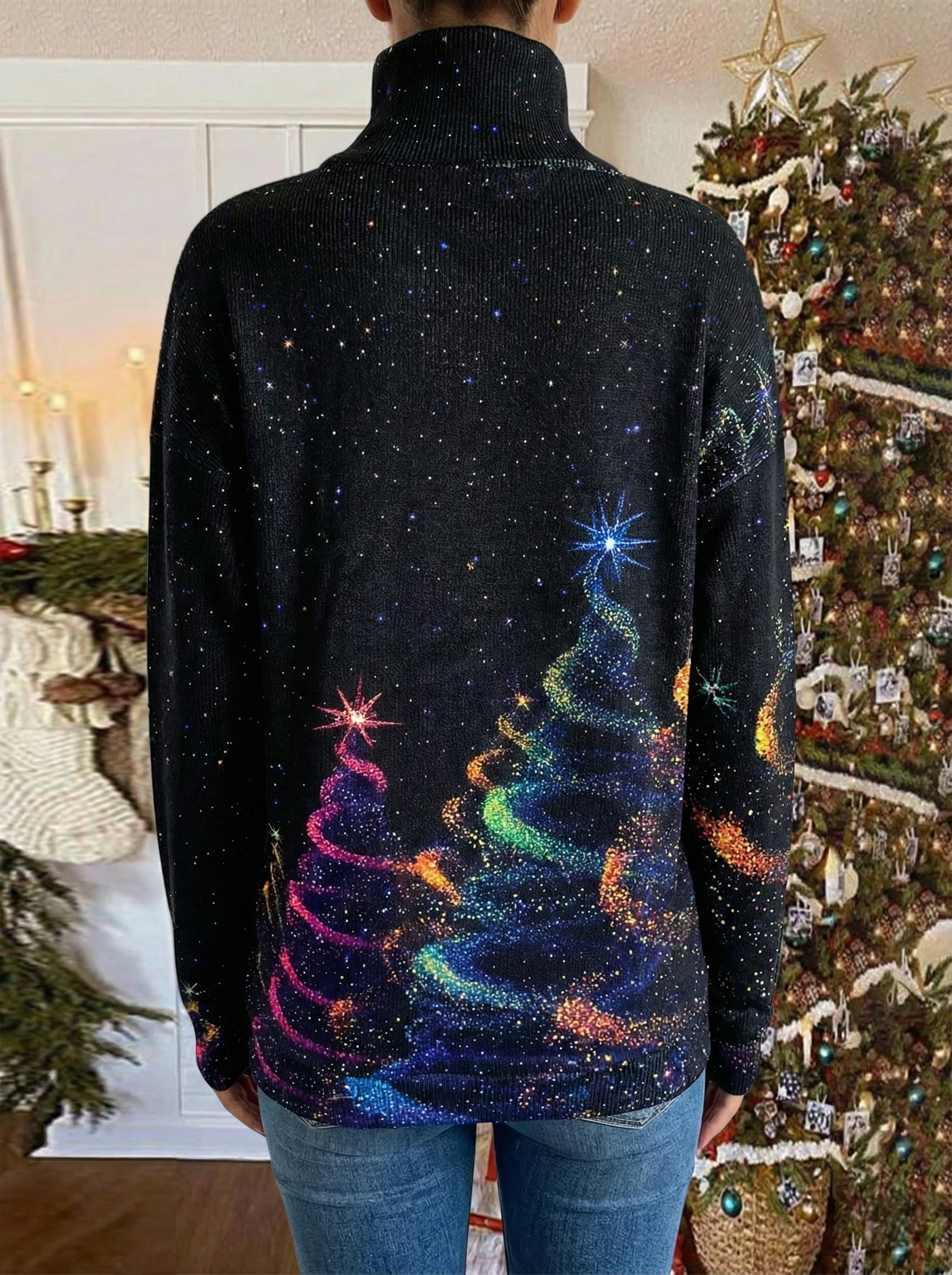 Women's festive turtleneck sweater with colourful Christmas trees and stars