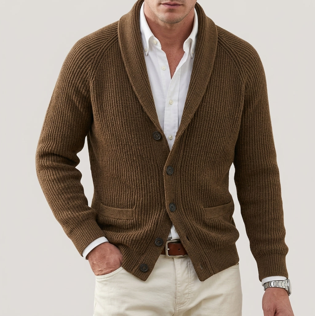 Men's Ribbed Cardigan, Shawl Collar, Button Front