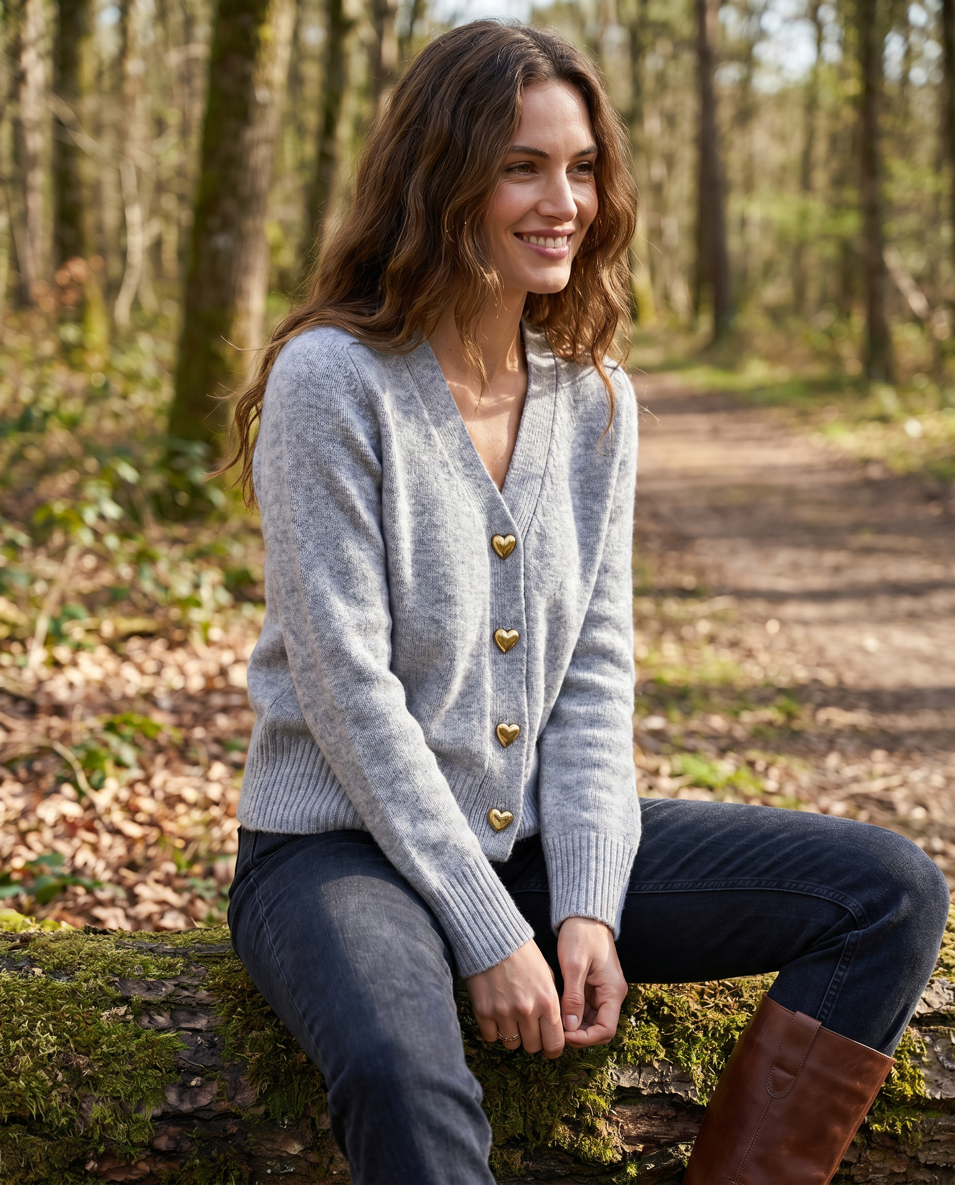 Women's V-neck button front cardigan with heart-shaped buttons
