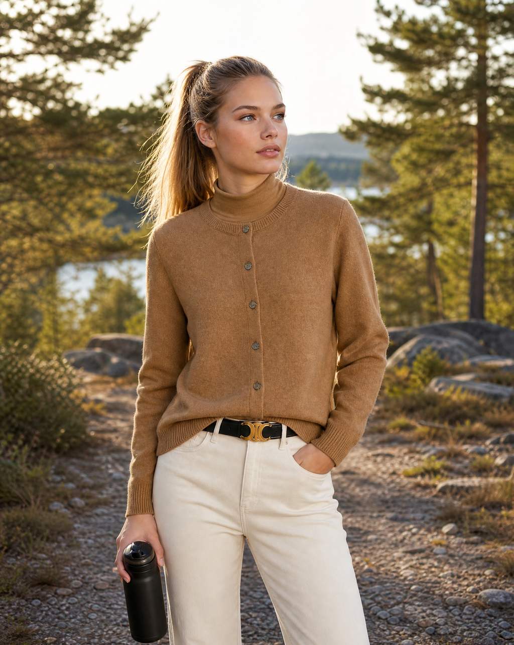 Women's long-sleeve button cardigan with round neckline and ribbed trims