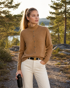 Women's long-sleeve button cardigan with round neckline and ribbed trims