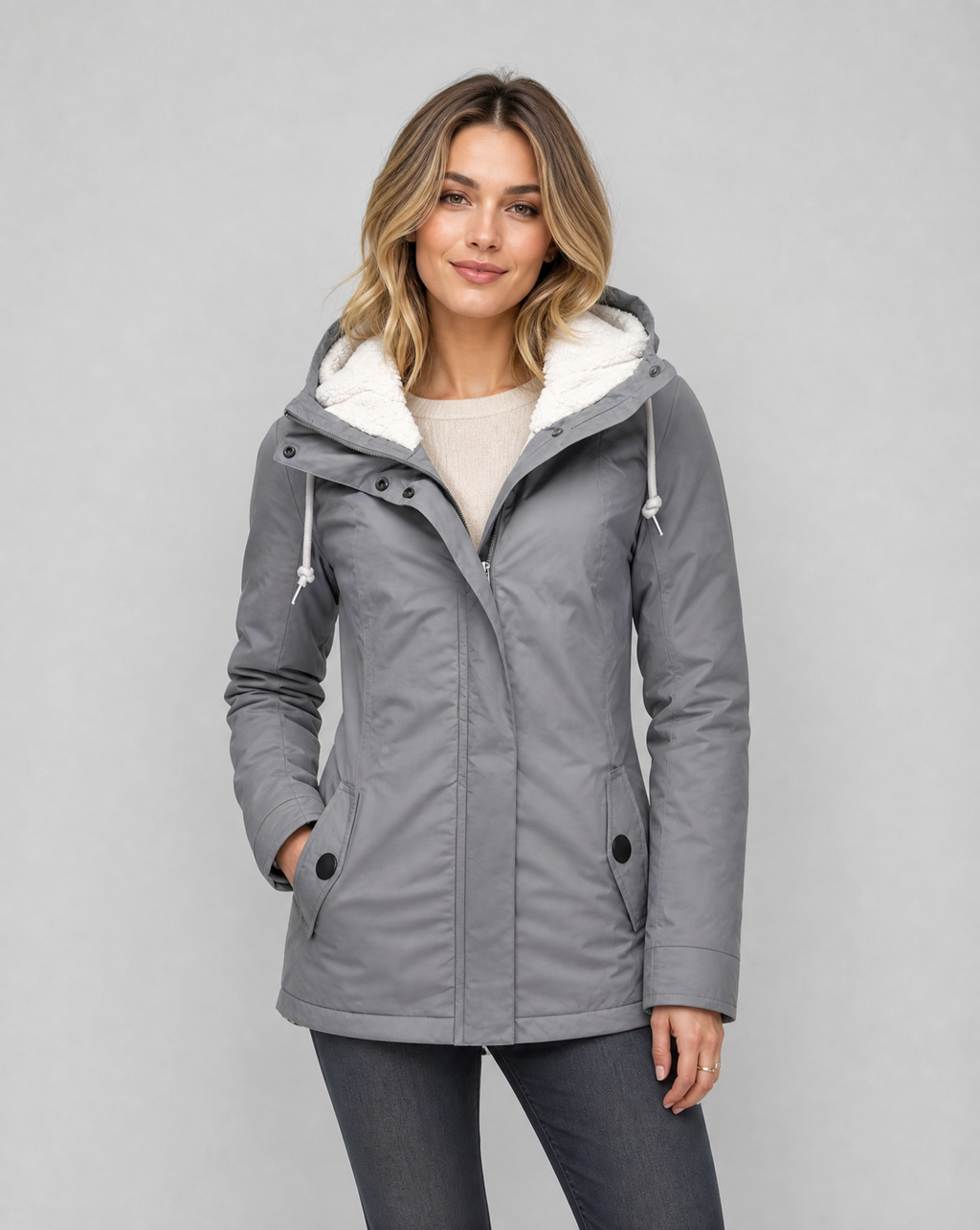 Women's hooded waterproof rain jacket with long sleeves, drawcord hood and front pockets