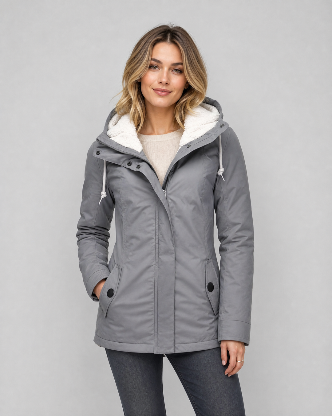Women's hooded waterproof rain jacket with long sleeves, drawcord hood and front pockets