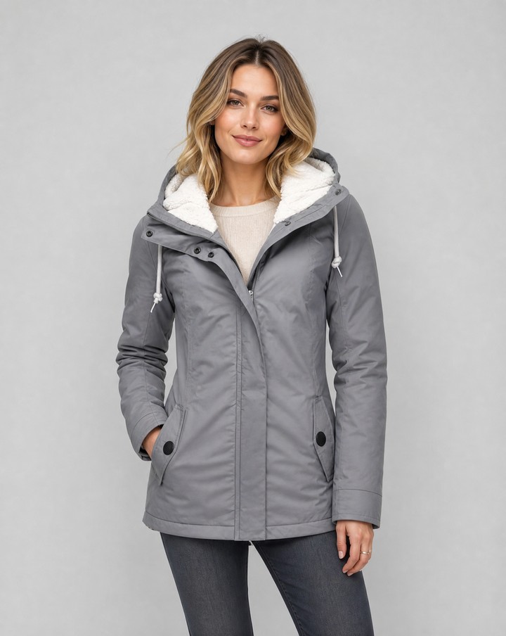 Women's hooded waterproof rain jacket with long sleeves, drawcord hood and front pockets
