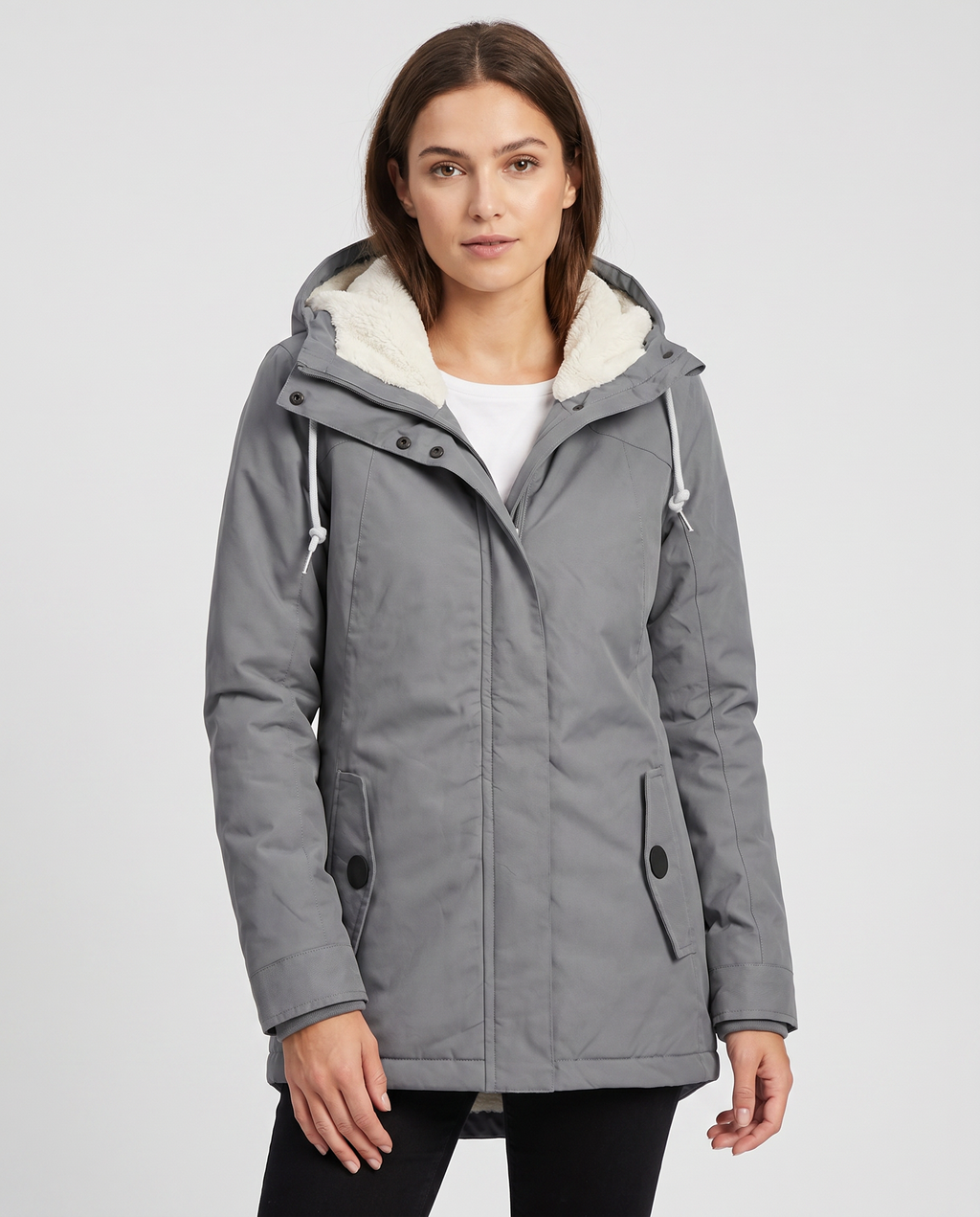 Women's hooded waterproof rain jacket with long sleeves, drawcord hood and front pockets