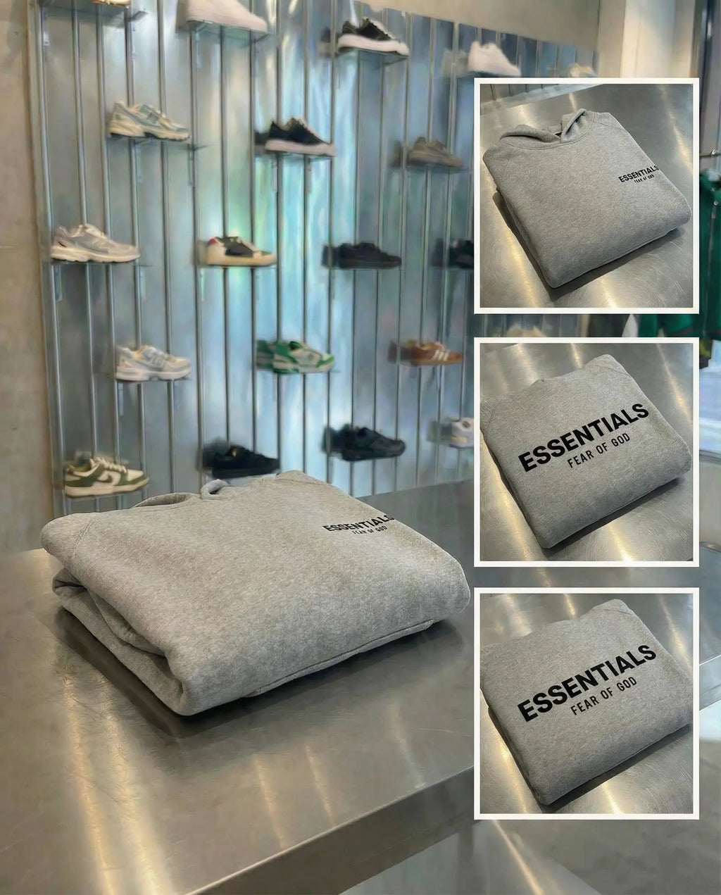 Gray pullover hoodie with hood, kangaroo pocket and logo graphics