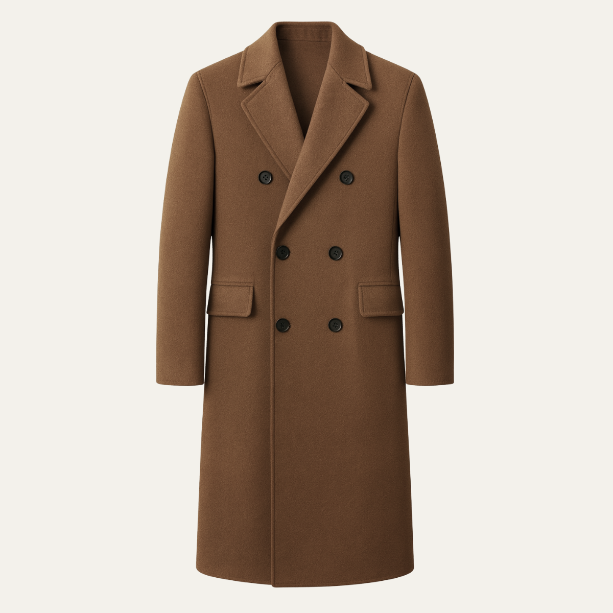 Men's double-breasted long coat with notched lapels