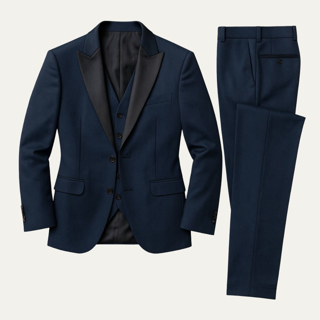 Men's three-piece suit set with blazer, waistcoat and full-length trousers