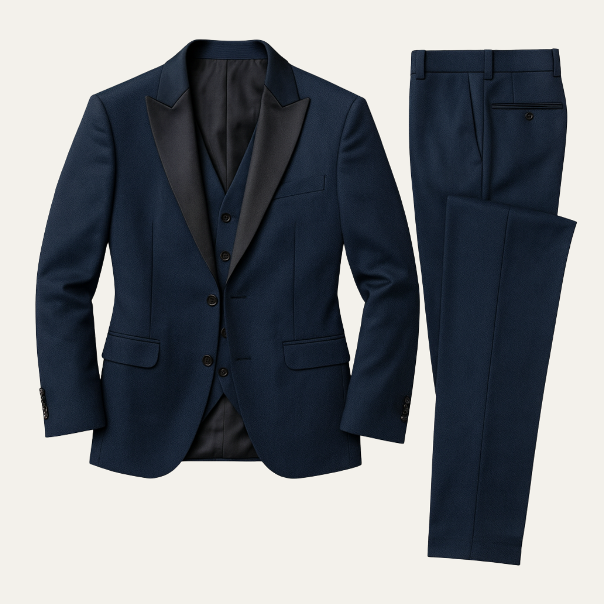 Men's three-piece suit set with blazer, waistcoat and full-length trousers