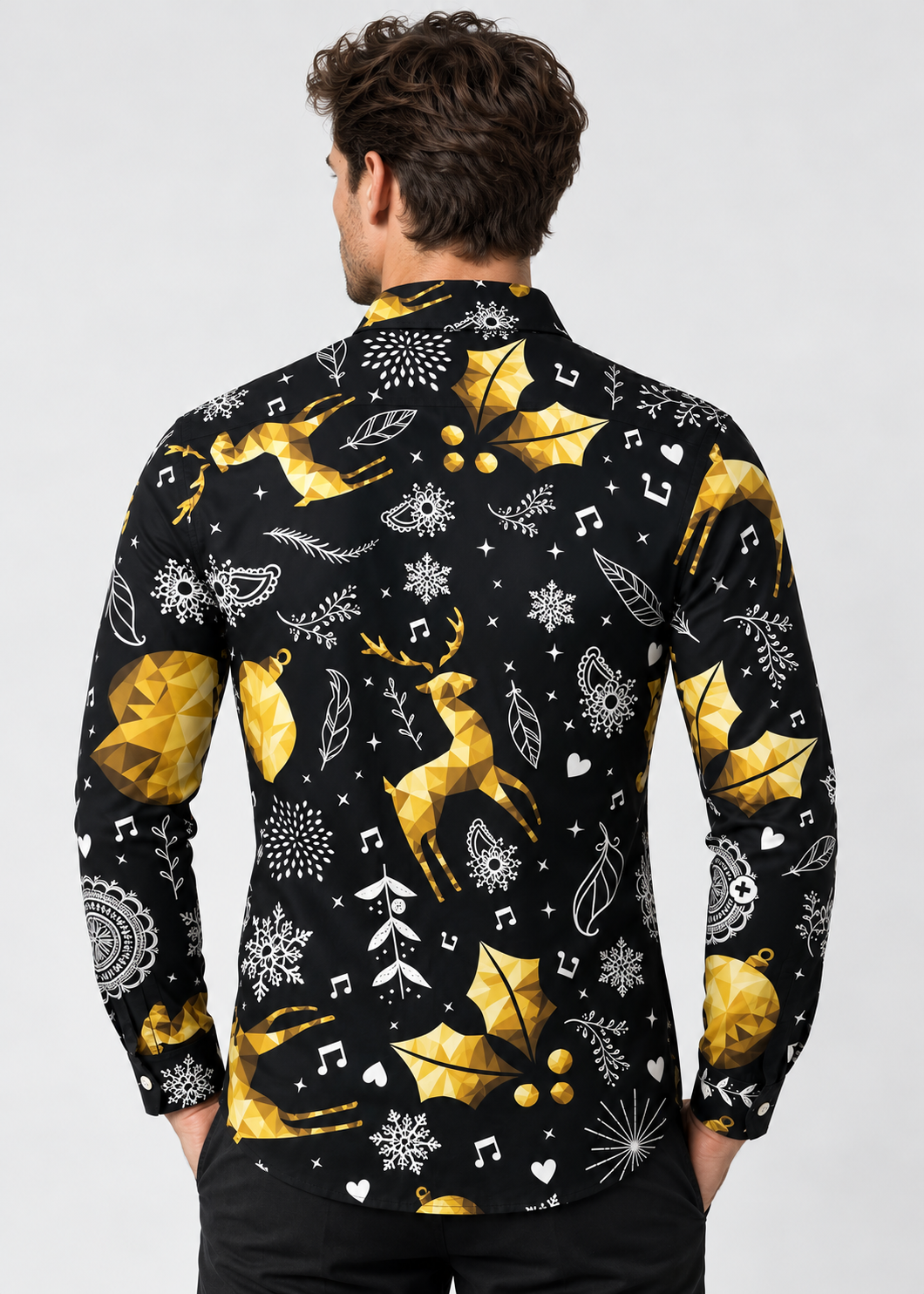 Men's Christmas Print Shirt with Stand Collar