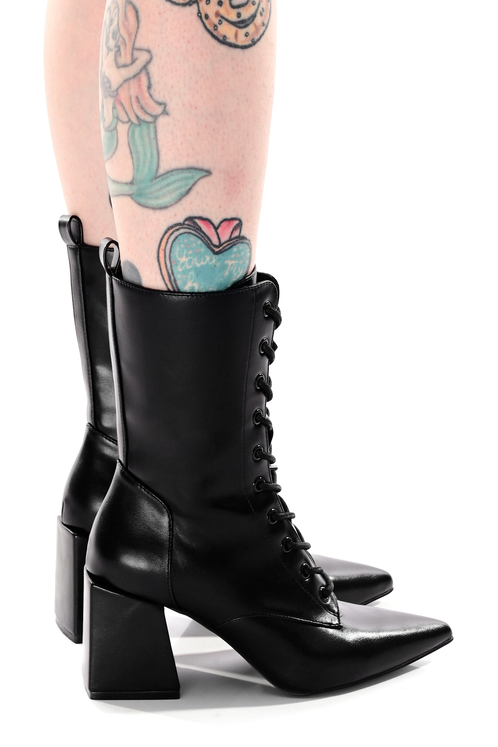 Women's black knee-high pointed toe lace-up boots with block heel