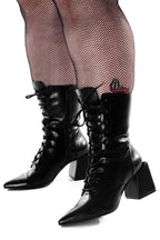 Women's black knee-high pointed toe lace-up boots with block heel