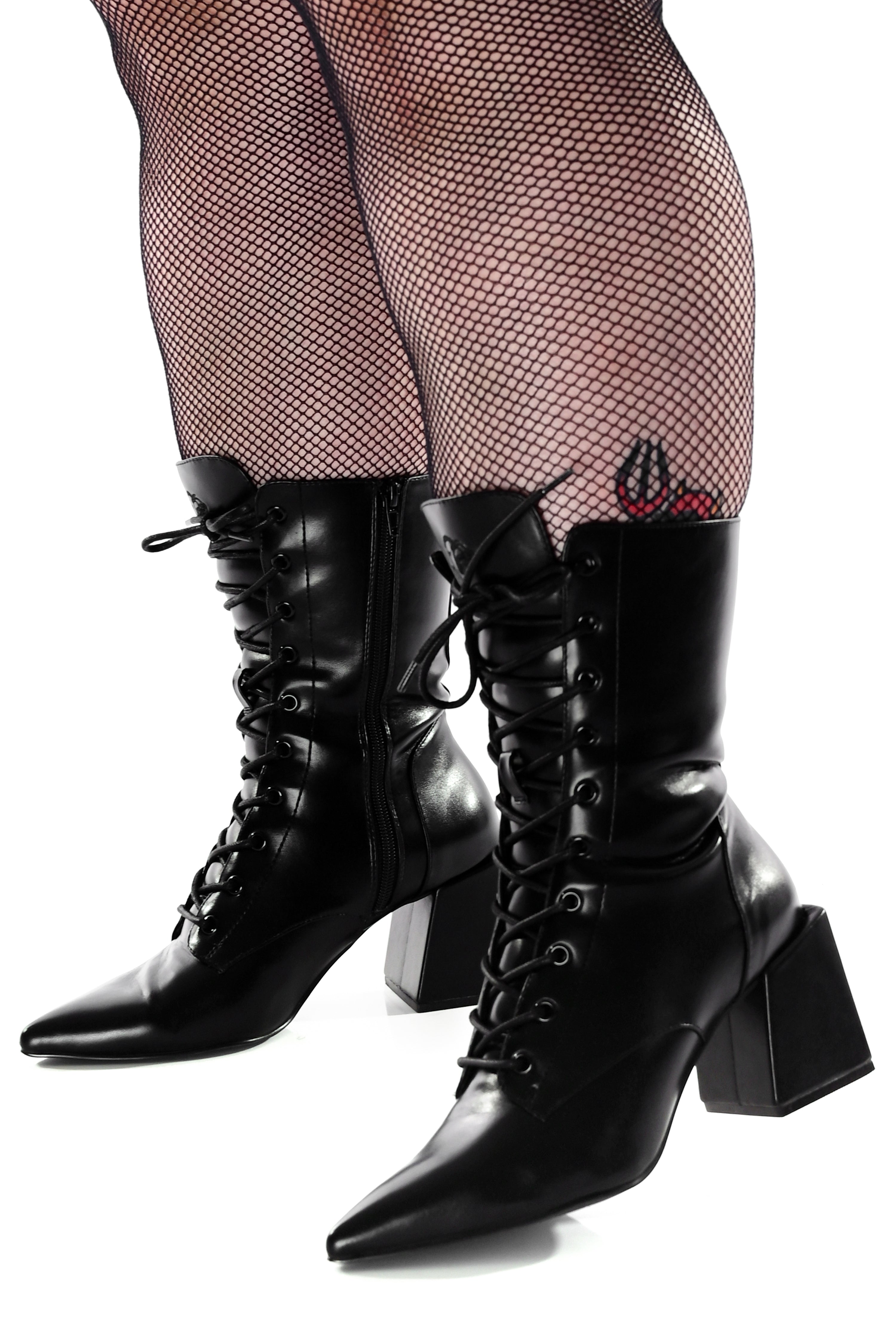 Women's black knee-high pointed toe lace-up boots with block heel