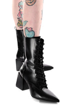 Women's black knee-high pointed toe lace-up boots with block heel