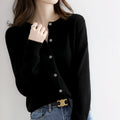 Women's long-sleeve button cardigan with round neckline and ribbed trims