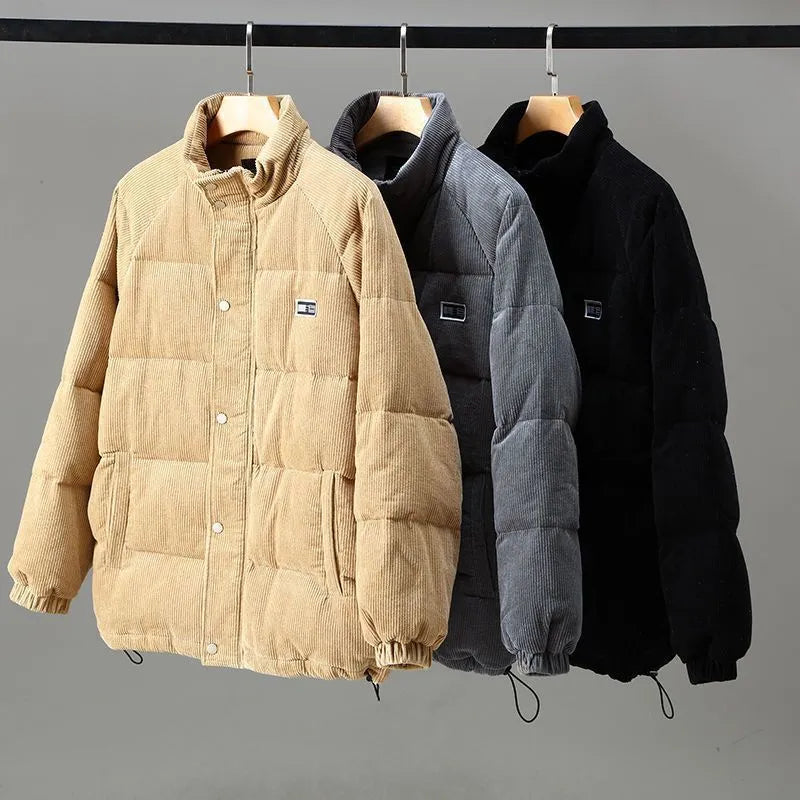 Men's ribbed corduroy-style hooded puffer jacket with pockets