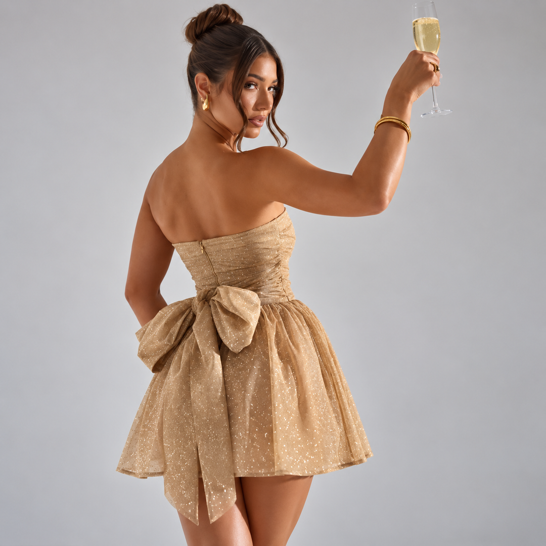Women's strapless glitter mini dress with flared skirt