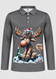Men's Long-Sleeve Christmas Polo with Reindeer Print