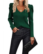 Women's ribbed V-neck jumper with puff sleeves