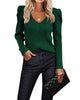 Women's ribbed V-neck jumper with puff sleeves