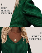 Women's ribbed V-neck jumper with puff sleeves