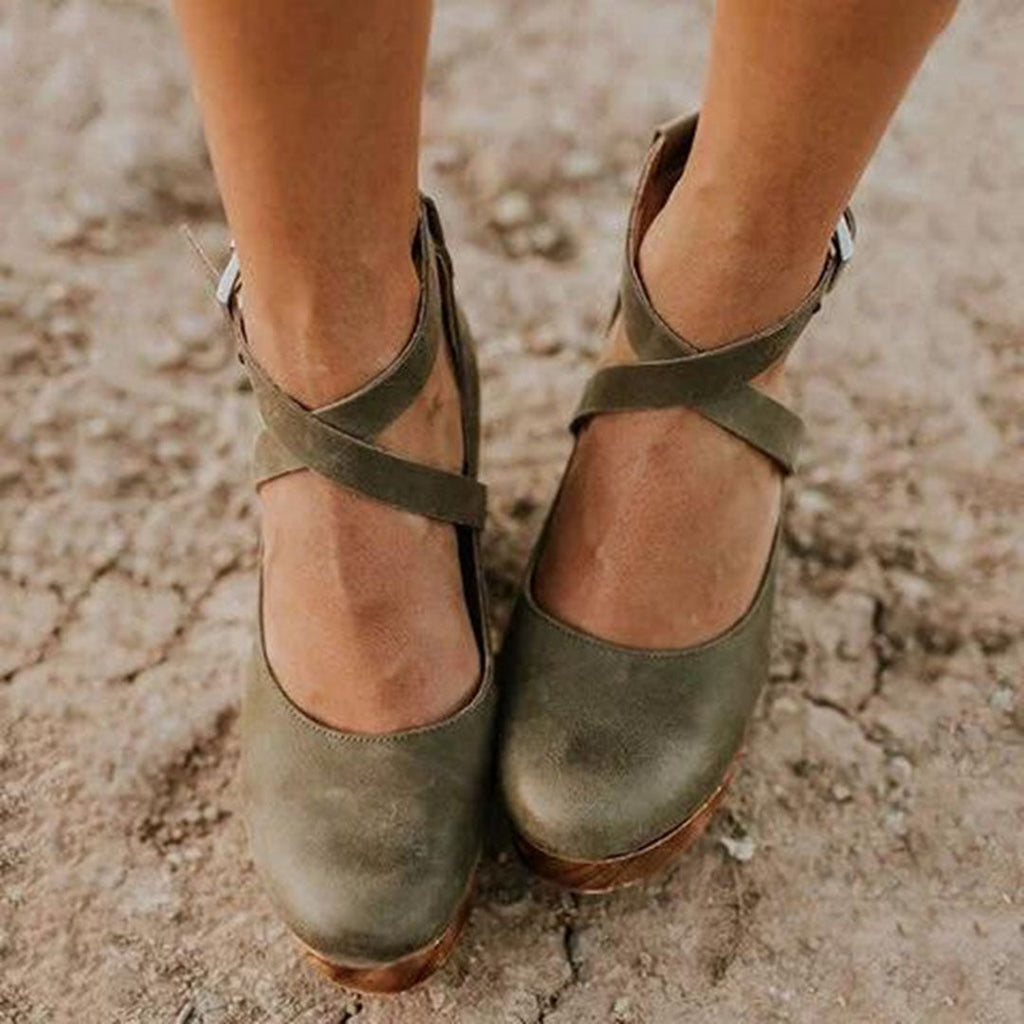 Women's platform wedge sandals with ankle buckle