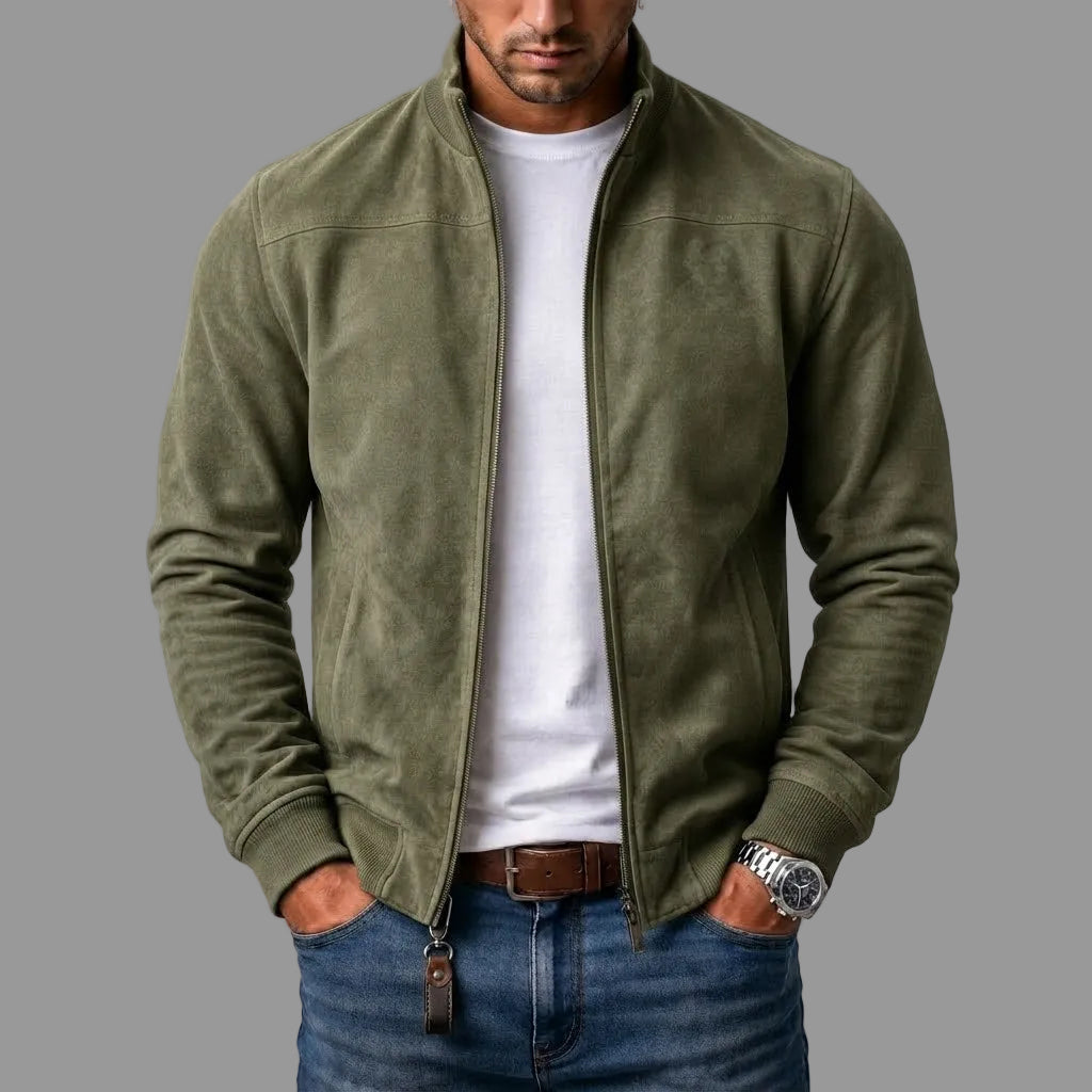 Men's bomber jacket with zip front, stand collar, long sleeves and ribbed trims
