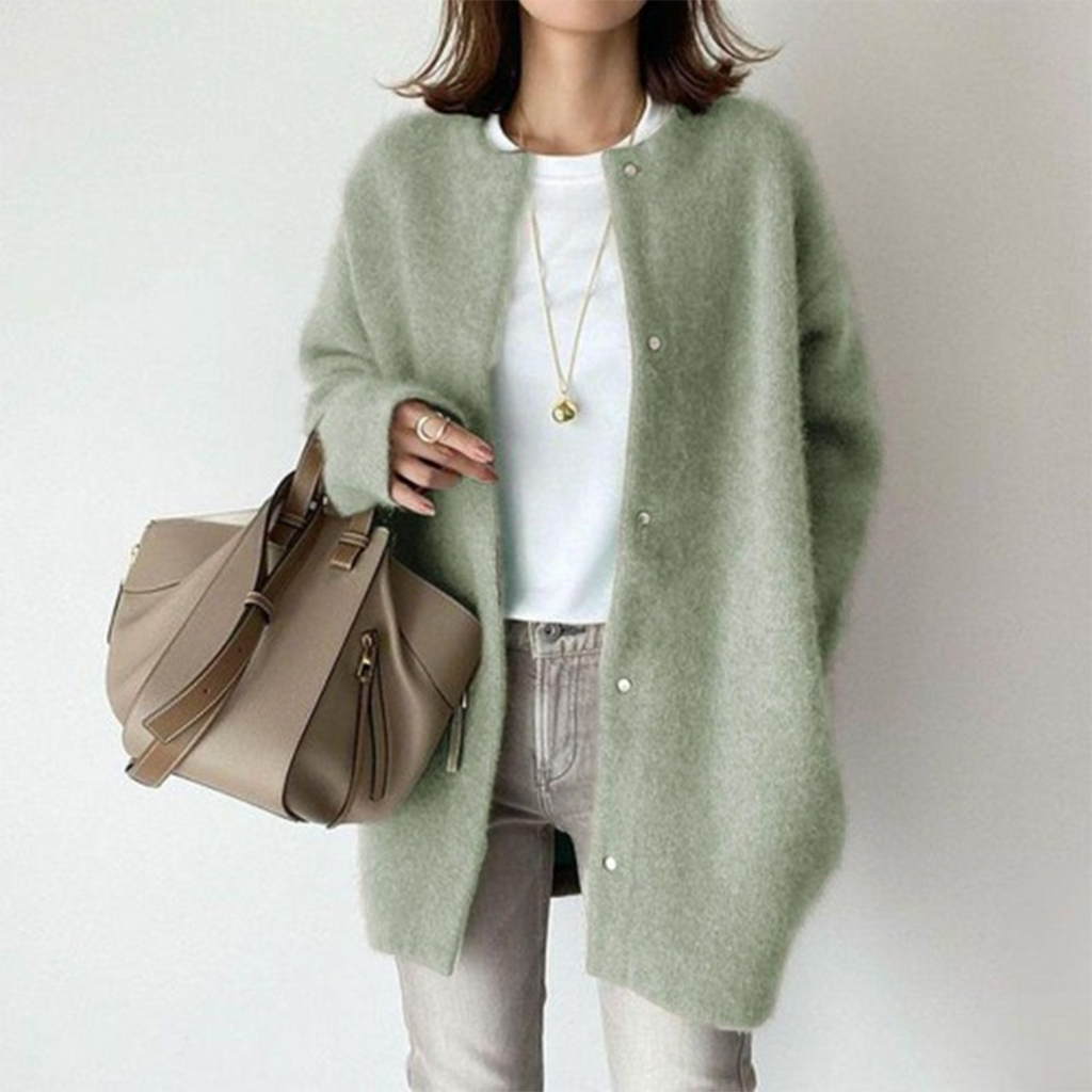 Women's long-sleeve crew neck button-front cardigan with hip-length fit