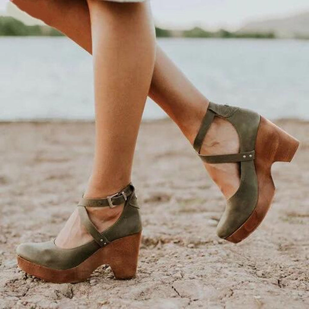 Women's platform wedge sandals with ankle buckle