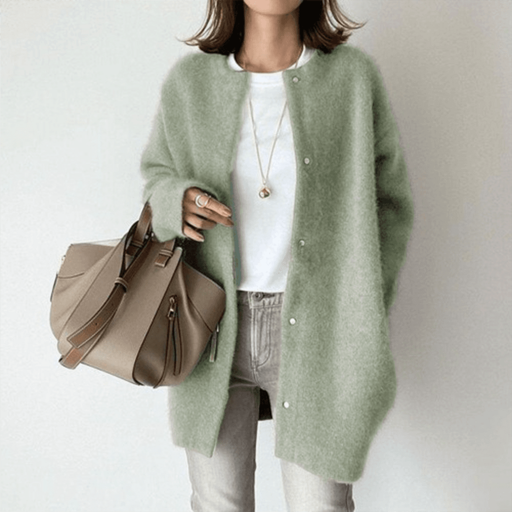 Women's longline button front cardigan with round neckline and long sleeves