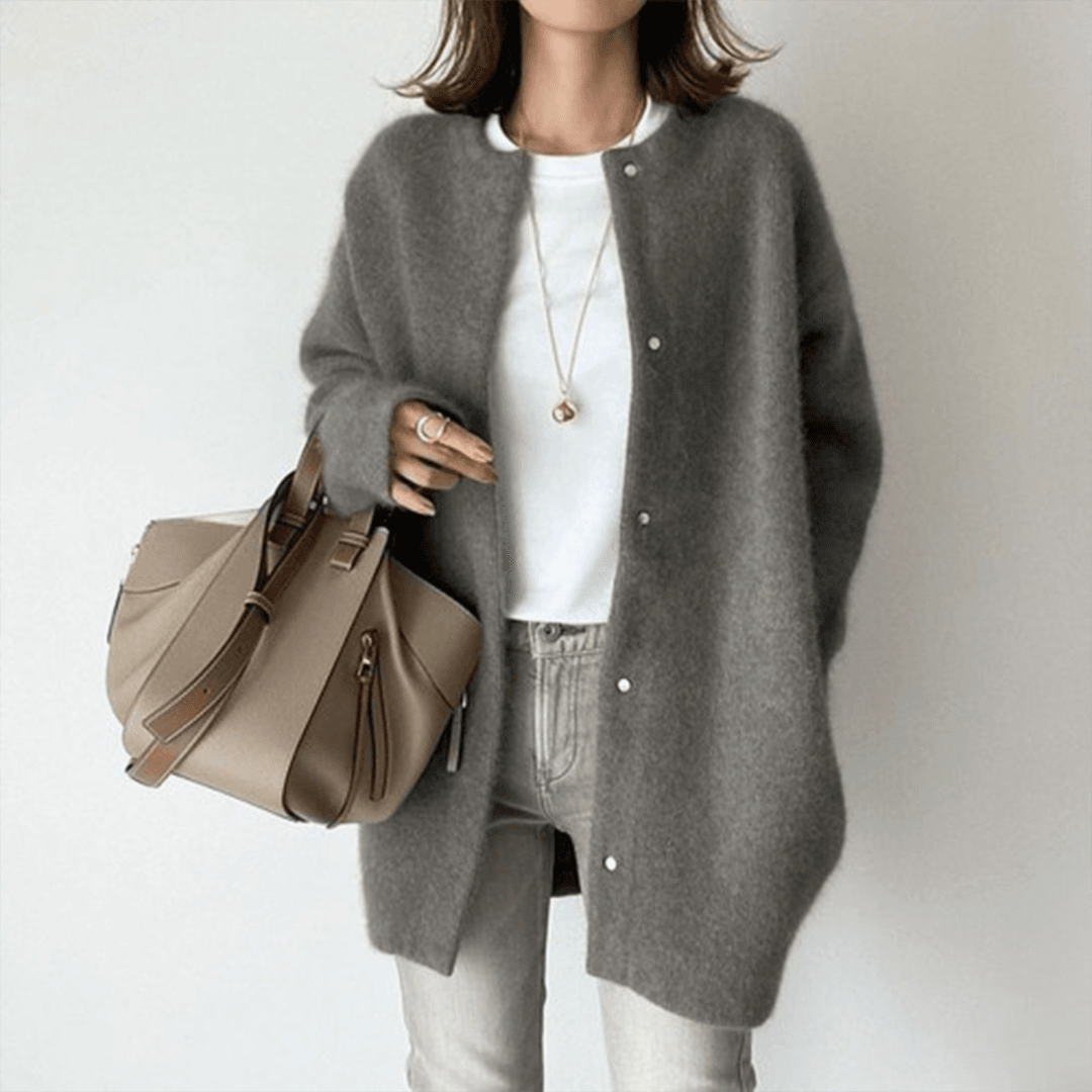 Women's longline button front cardigan with round neckline and long sleeves