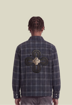Men's dark blue checked long sleeve shirt with chest pocket