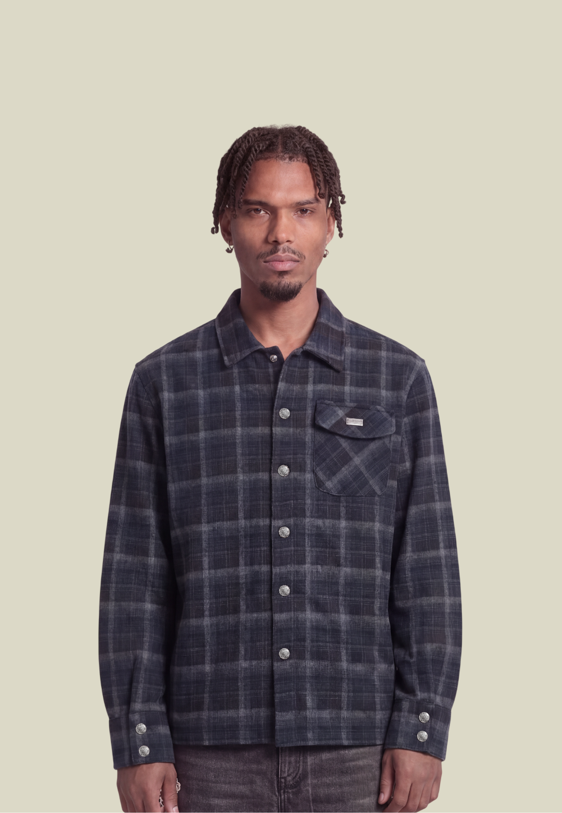 Men's dark blue checked long sleeve shirt with chest pocket