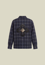 Men's dark blue checked long sleeve shirt with chest pocket