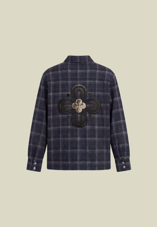 Men's dark blue checked long sleeve shirt with chest pocket