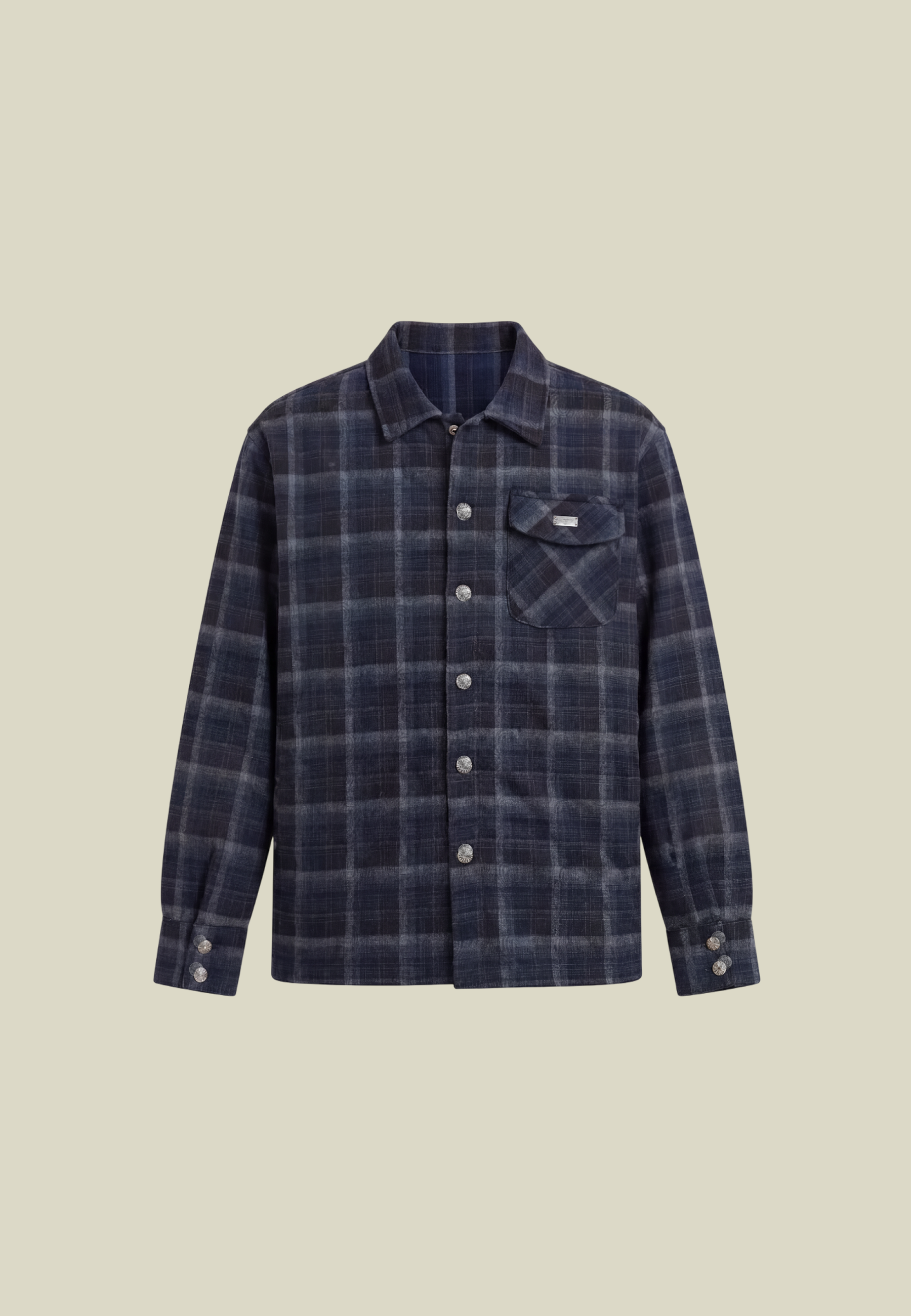 Men's dark blue checked long sleeve shirt with chest pocket