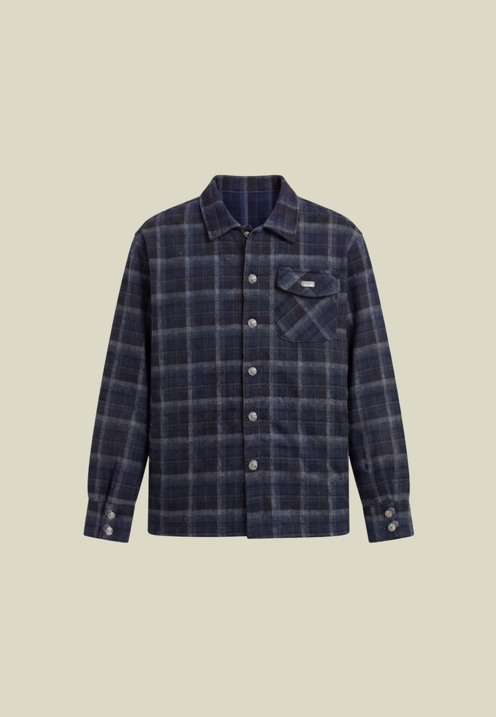 Men's dark blue checked long sleeve shirt with chest pocket