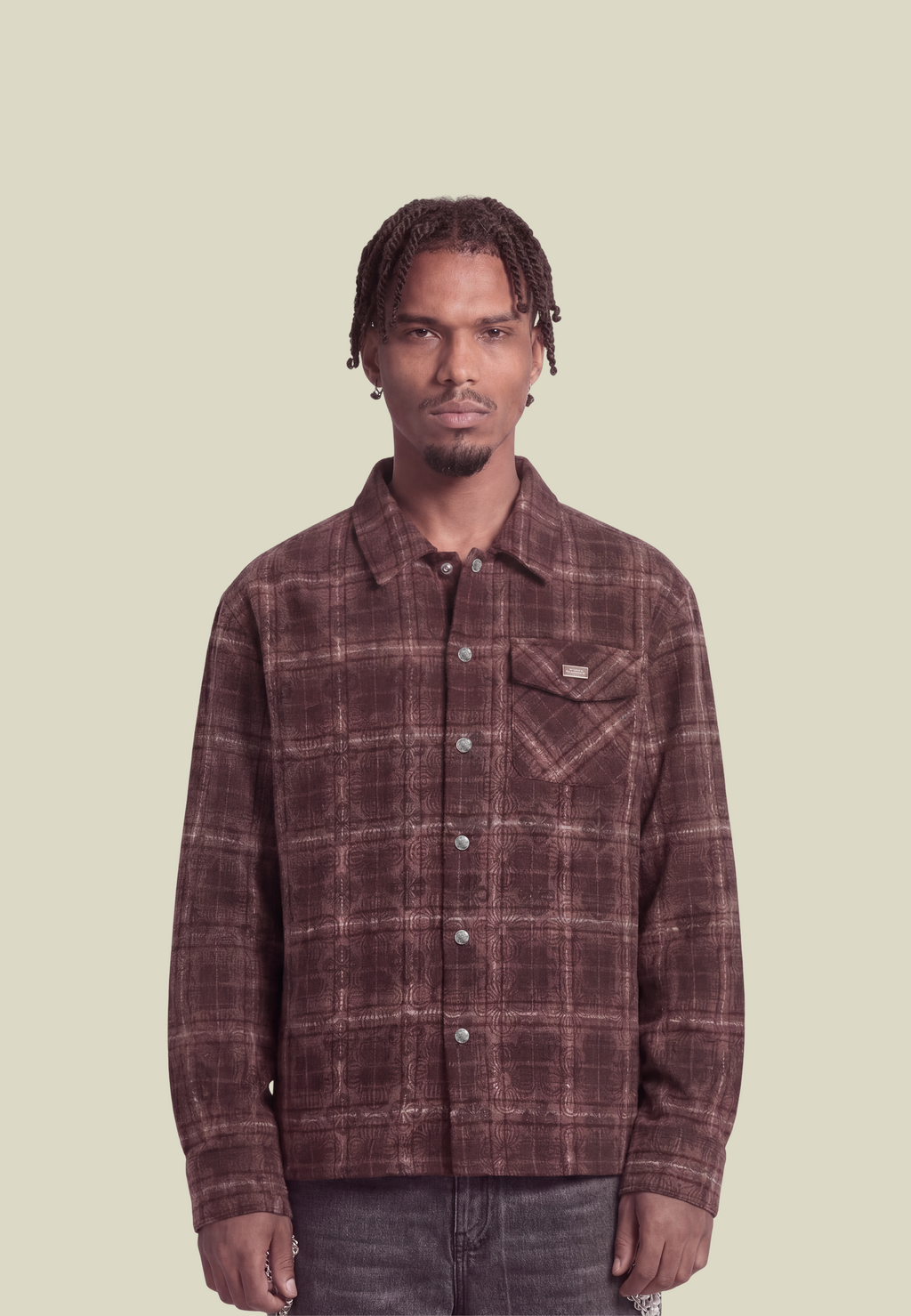 Men's burgundy checked flannel shirt with chest pocket