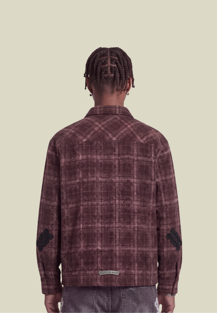 Men's burgundy checked flannel shirt with chest pocket
