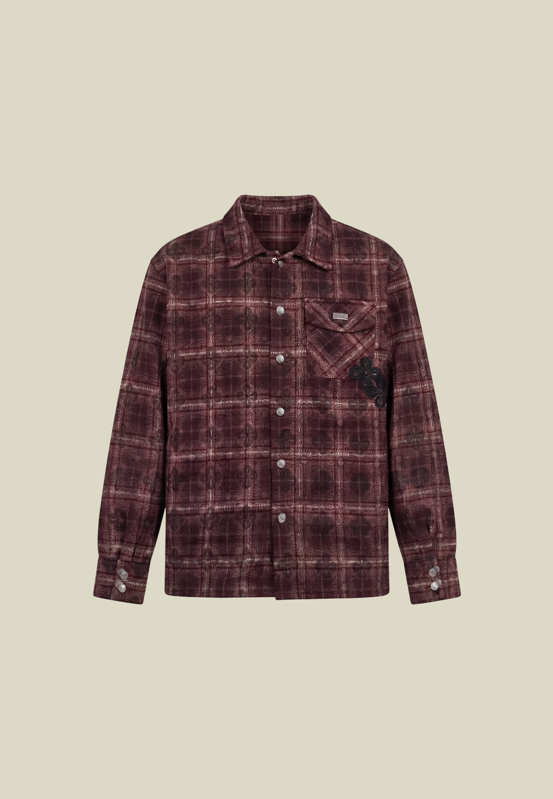 Men's burgundy checked flannel shirt with chest pocket