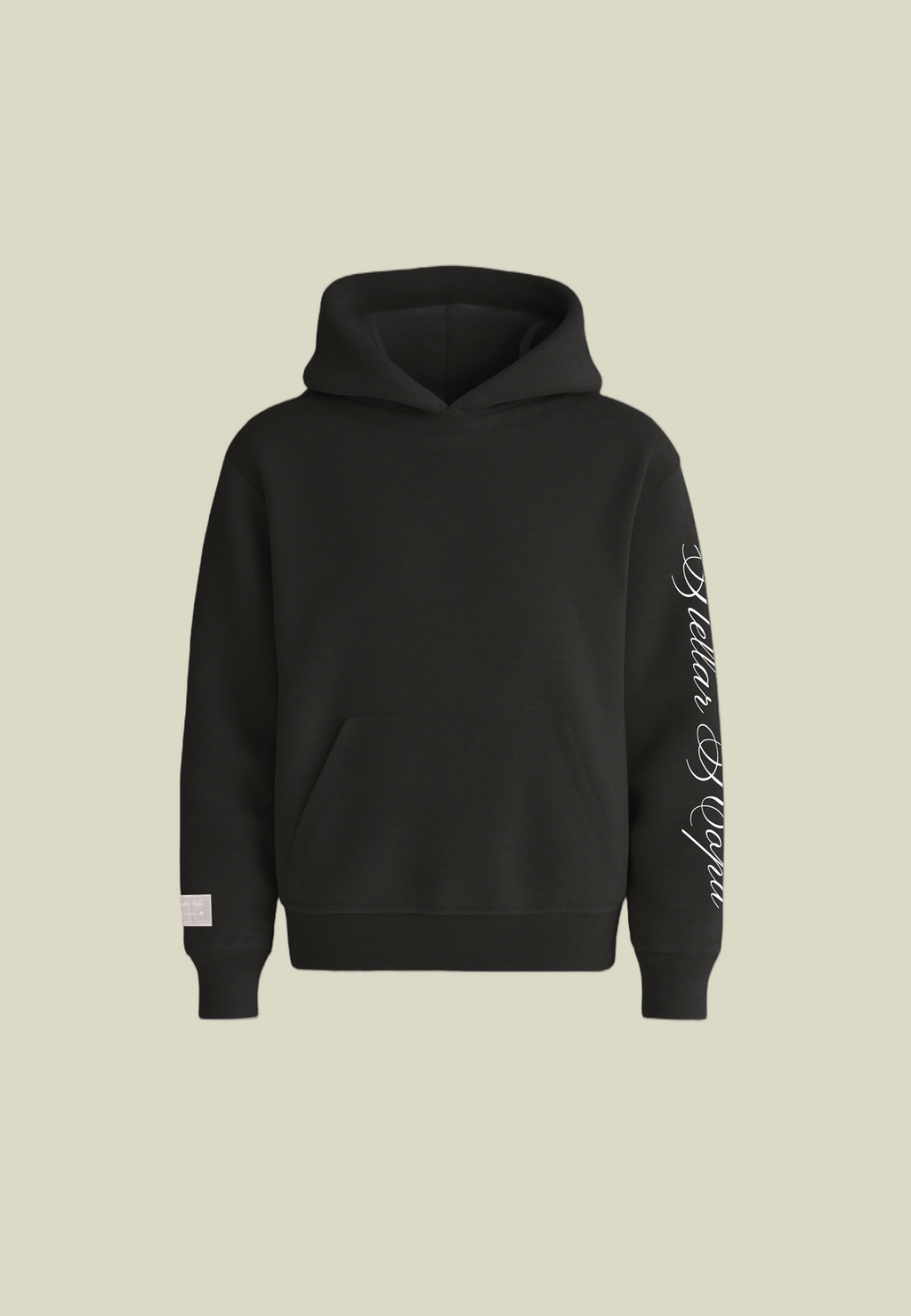 Black unisex pullover hoodie with sleeve lettering