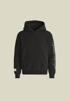 Black unisex pullover hoodie with sleeve lettering