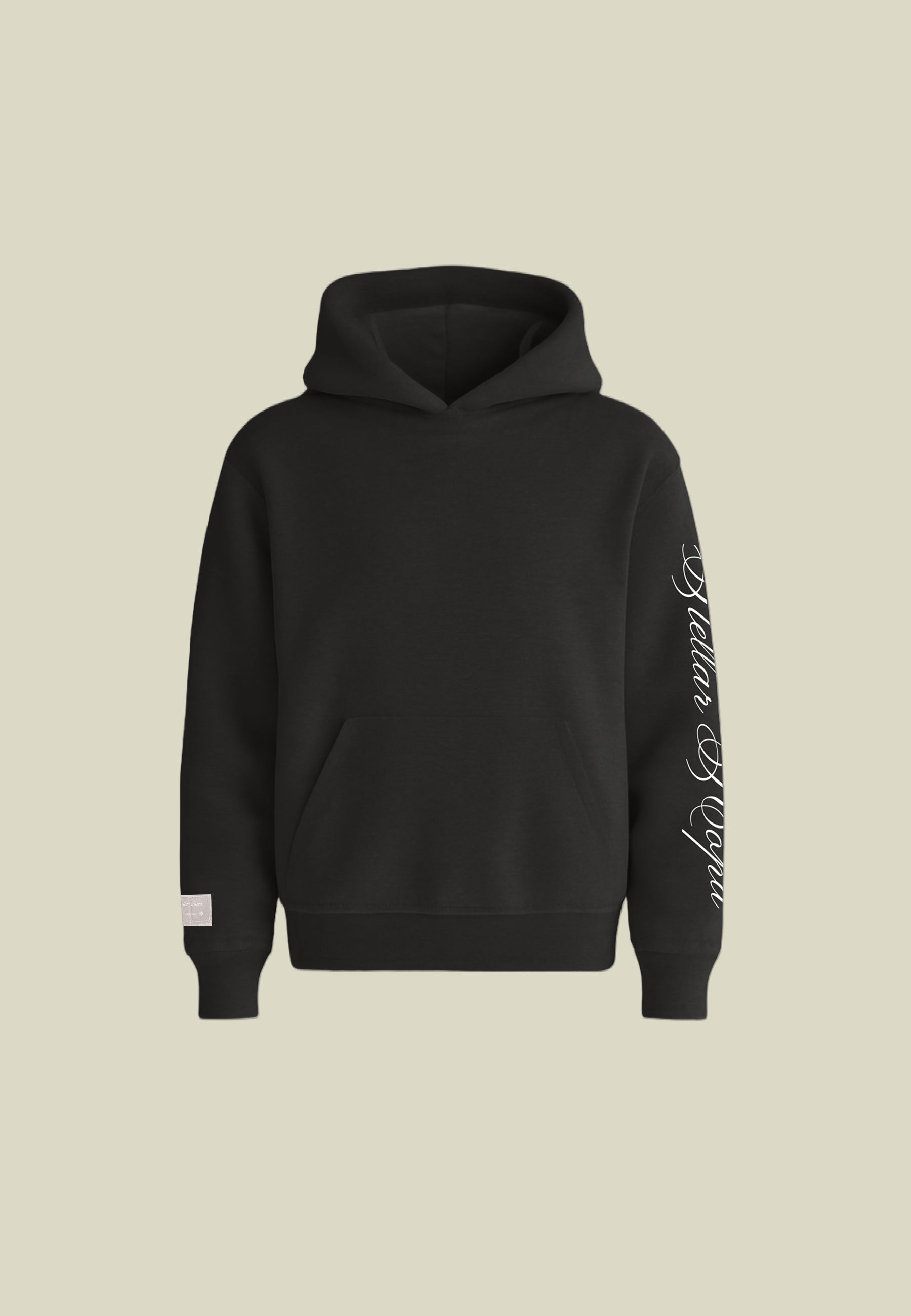 Black unisex pullover hoodie with sleeve lettering