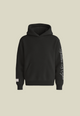 Black unisex pullover hoodie with sleeve lettering