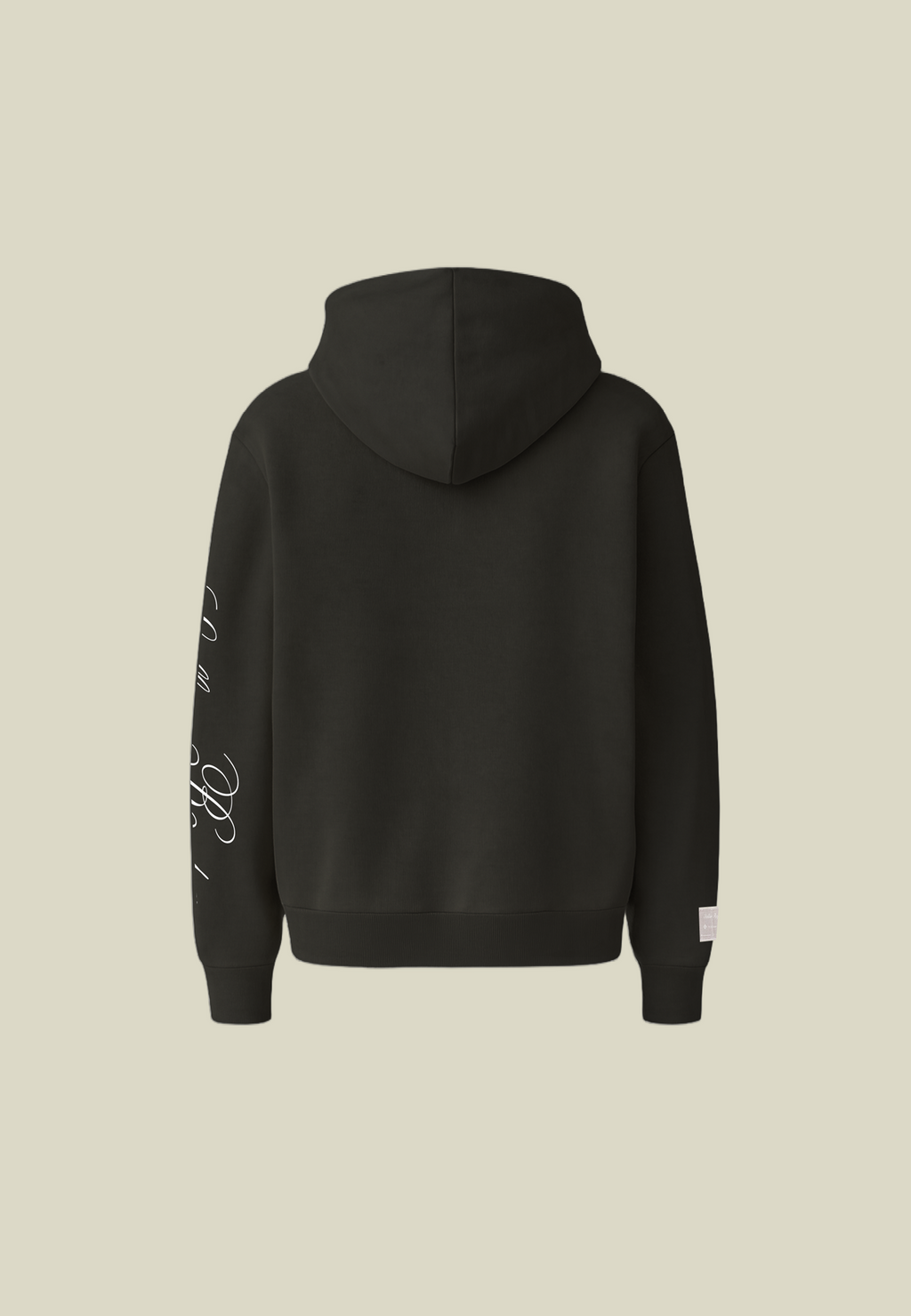 Black unisex pullover hoodie with sleeve lettering