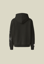 Black unisex pullover hoodie with sleeve lettering