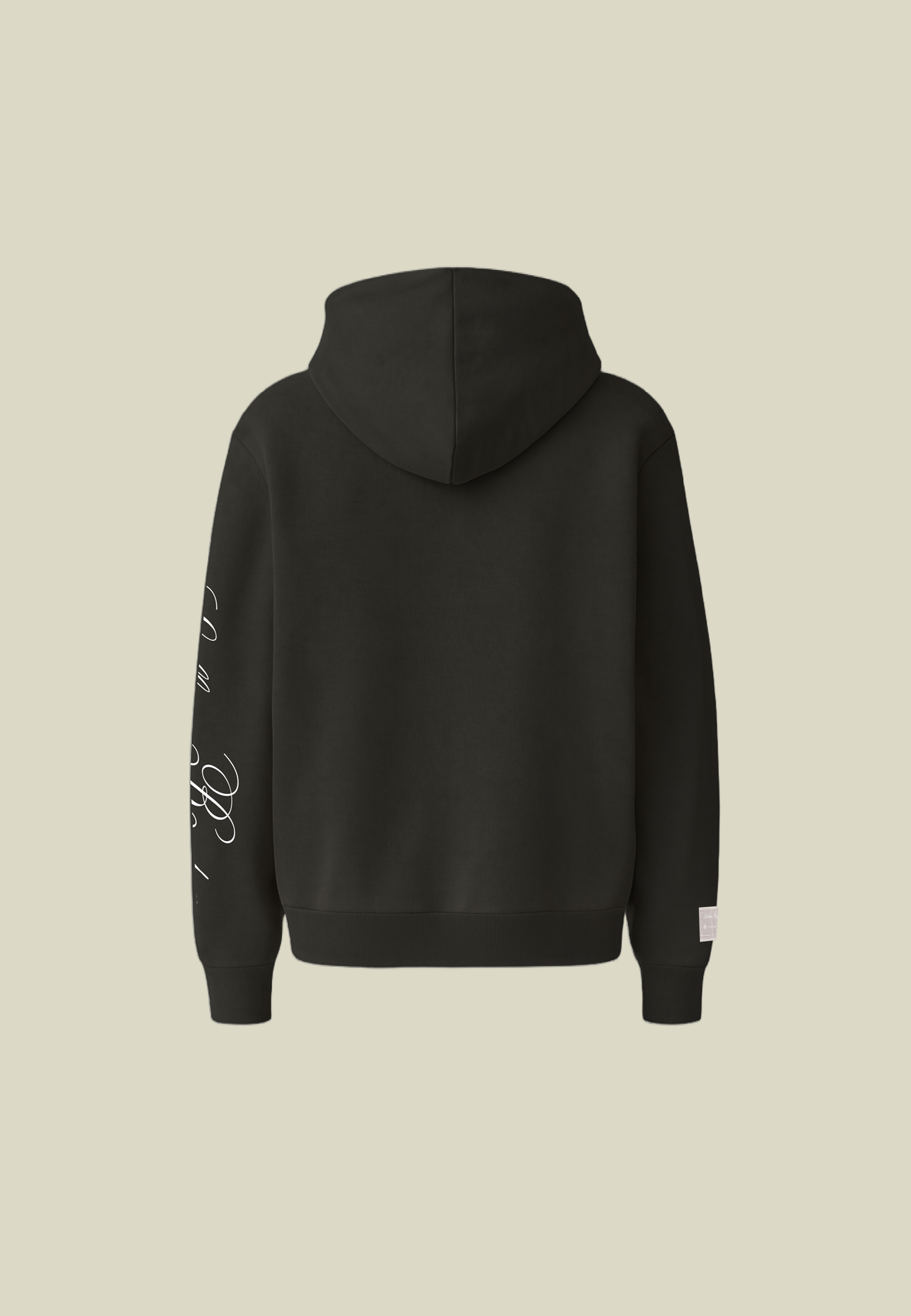 Black unisex pullover hoodie with sleeve lettering