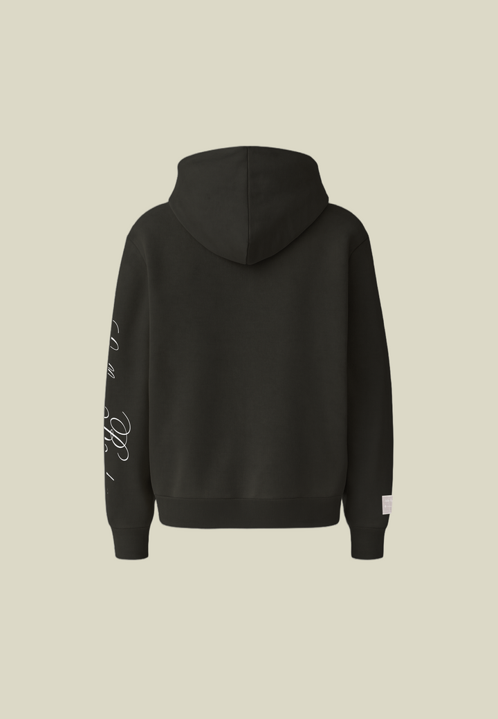 Black unisex pullover hoodie with sleeve lettering