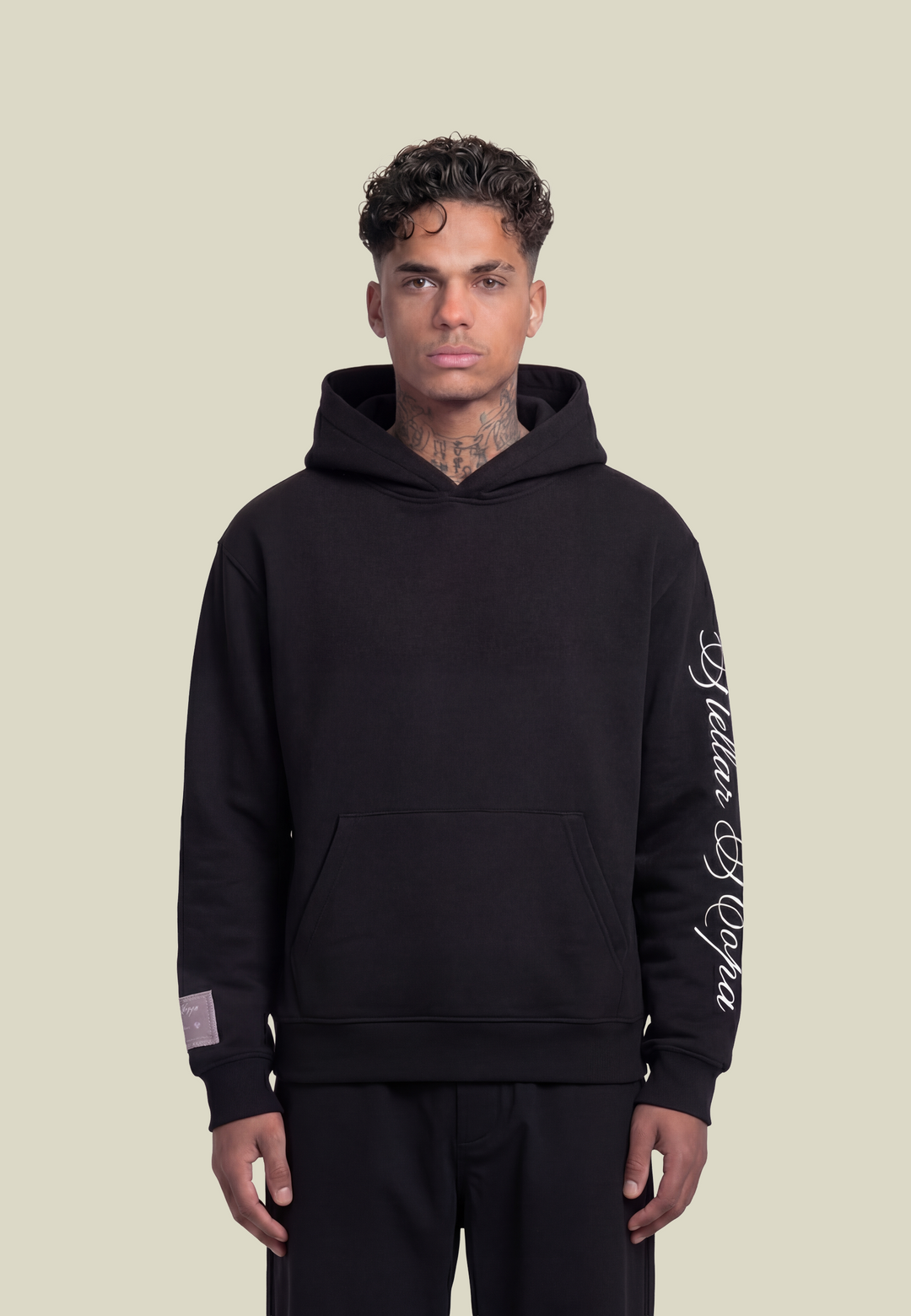 Black unisex pullover hoodie with sleeve lettering